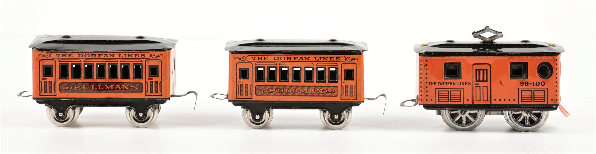 PRE-WAR DORFAN O-GA. NO. 99-100 TIN LITHO WIND-UP ELECTRIC LOCOMOTIVE W/ 2 PULLMAN CARS