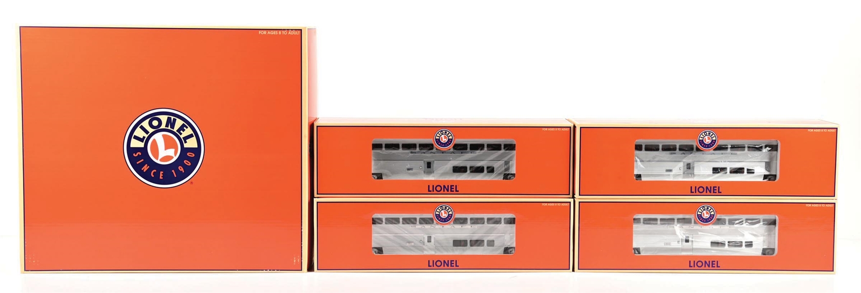 MODERN ERA LIONEL O-GA. 6-39129 SANTA FE HIGH LEVEL ALUMINUM 4-CAR PASSENGER SET