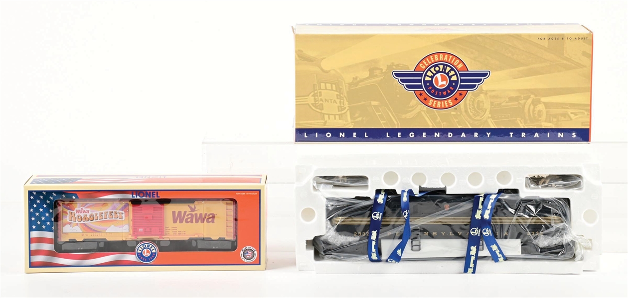 LOT OF 2: LIONEL O-GA. WAWA HOAGIEFEST BOX CAR & NO. 2332 PENNSYLVANIA BLACK GG-1 SET W/ ORIG. BOXES