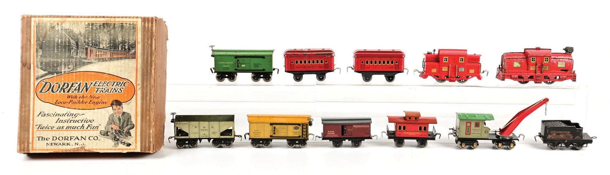 PRE-WAR DORFAN O-GA. ELECTRIC LOCOMOTIVE PASSENGER SET W/ EXTRA LOCOMOTIVE & ASSORTED FREIGHT CARS