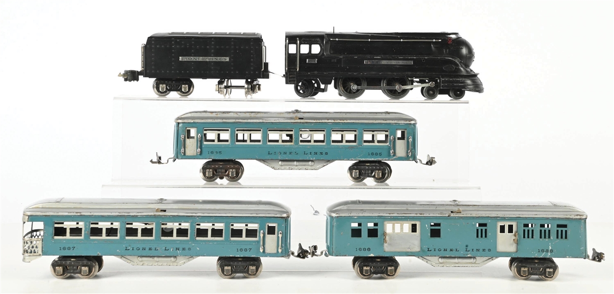 LOT OF 5: PRE-WAR LIONEL O-GA. NO. 238 TORPEDO STEAM LOCO W/ TENDER WITH 1685, 1686, 1687 TRANSITION PASSENGER CARS