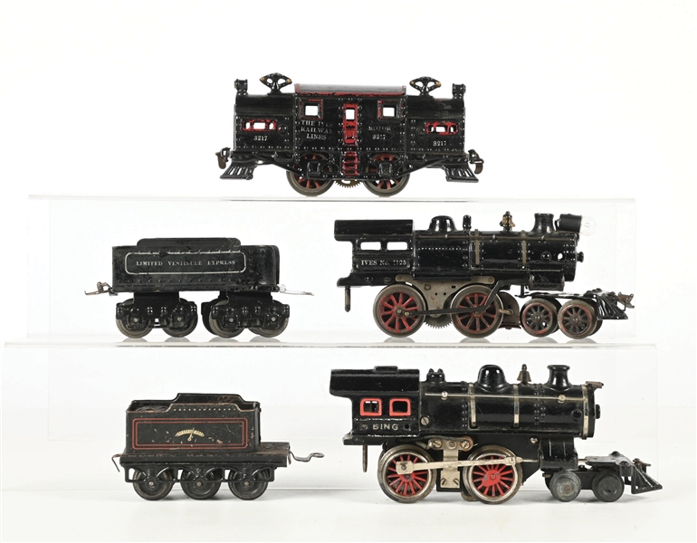 LOT OF 3: PRE-WAR CAST IRON IVES & BING LOCOMOTIVES & TENDERS