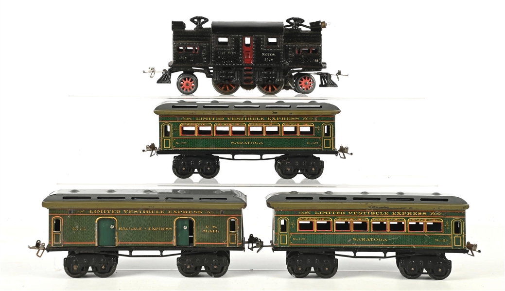 LOT OF 4: PRE-WAR IVES O-GA. NO. 3238 LOCO W/ 3 TIN LITHO LIMITED VESTIBULE EXPRESS "SARATOGA" CARS