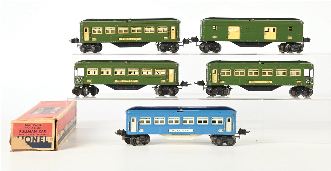 LOT OF 5: PRE-WAR LIONEL O-GA. NO. 2613, 2614, 2615 PULLMAN & OBSERVATION CARS W/ 1 BOX