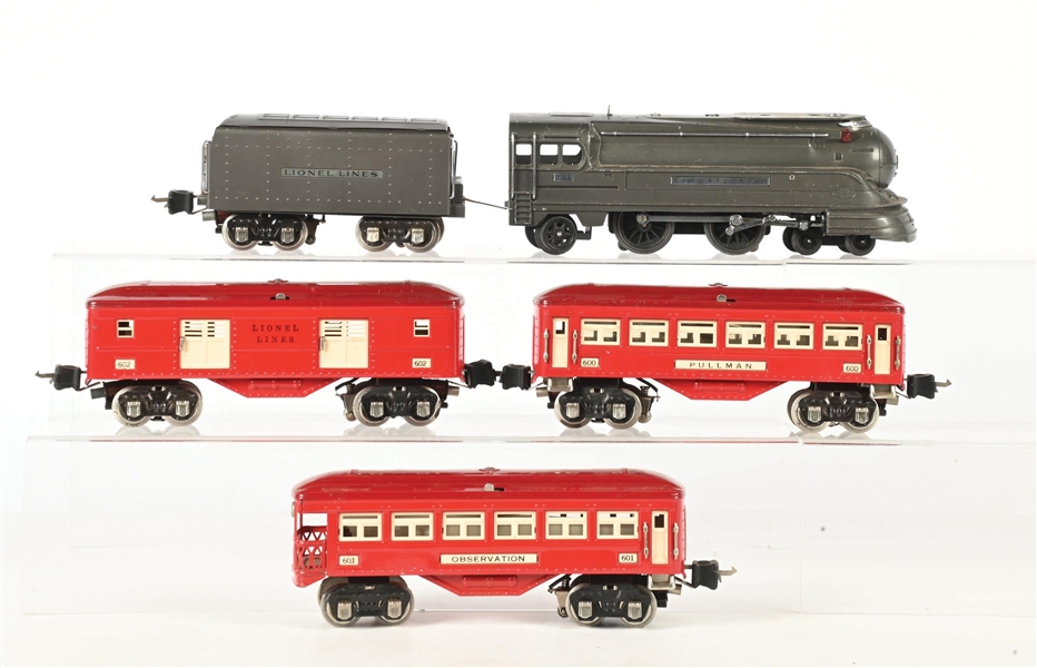 LOT OF 5: PRE-WAR LIONEL O-GA. NO. 238E STEAM LOCO W/ TENDER & NO. 600, 601, 602 PASSENGER CARS