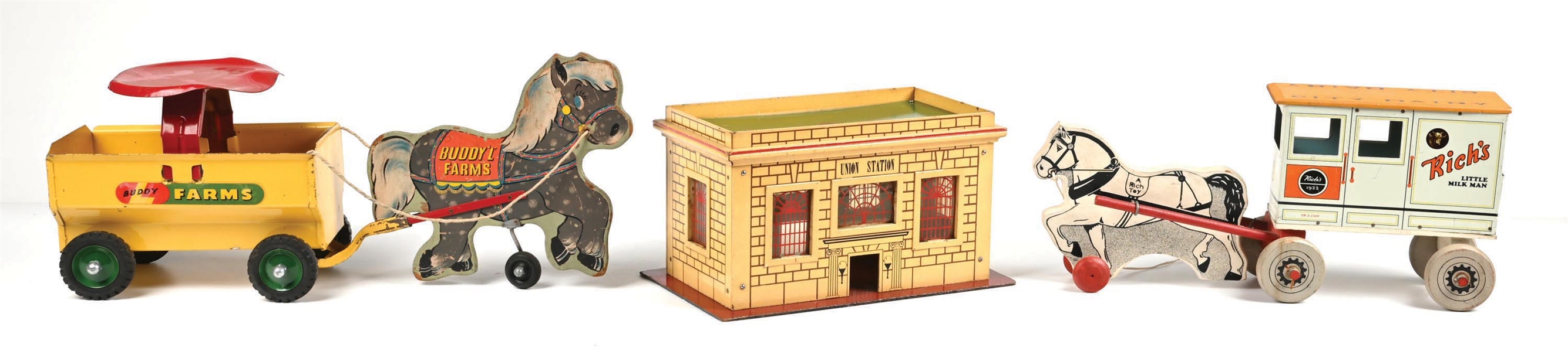 LOT OF 3: RICH TOYS UNION STATION, LITTLE MILK MAN HORSE-DRAWN WAGON, & BUDDY "L" FARMS PRESSED STEEL HORSE-DRAWN WAGON