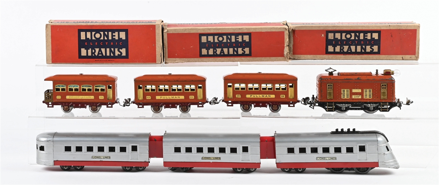 LOT OF 2: PRE-WAR LIONEL JR. O-GA. STREAMLINE PASSENGER SET & NO. 248 ELECTRIC LOCOMOTIVE PASSENGER SET W/ 3 ORIGINAL BOXES