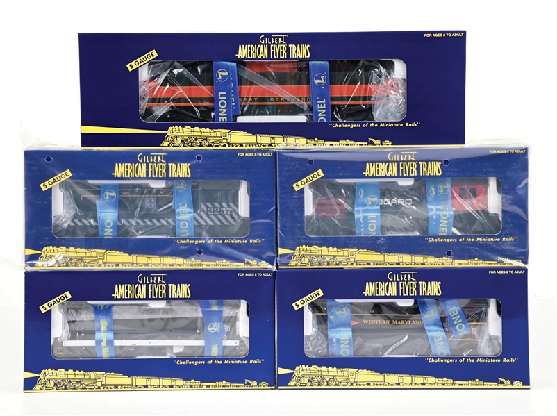 LOT OF 5: MODERN ERA AMERICAN FLYER S-GA. DIESEL & ELECTRIC LOCOMOTIVES IN ORIGINAL BOXES
