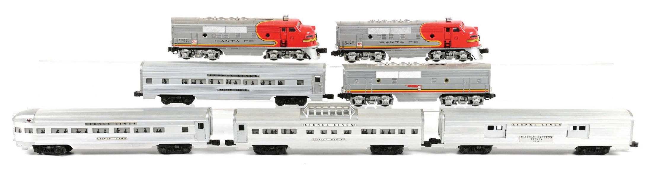 POST-WAR LIONEL O-GA. NO. 2343 SANTA FE F-3 ABA UNIT DIESEL LOCOMOTIVE 4-CAR PASSENGER SET W/ ORIGINAL BOXES