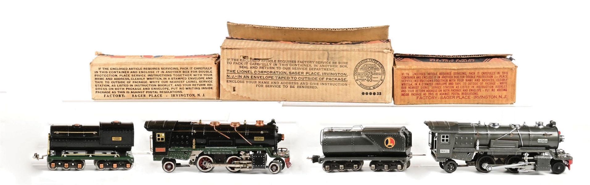 LOT OF 2: PRE-WAR LIONEL O-GA. NO. 260E & NO. 263E STEAM LOCOMOTIVES & TENDERS W/ 3 ORIGINAL BOXES