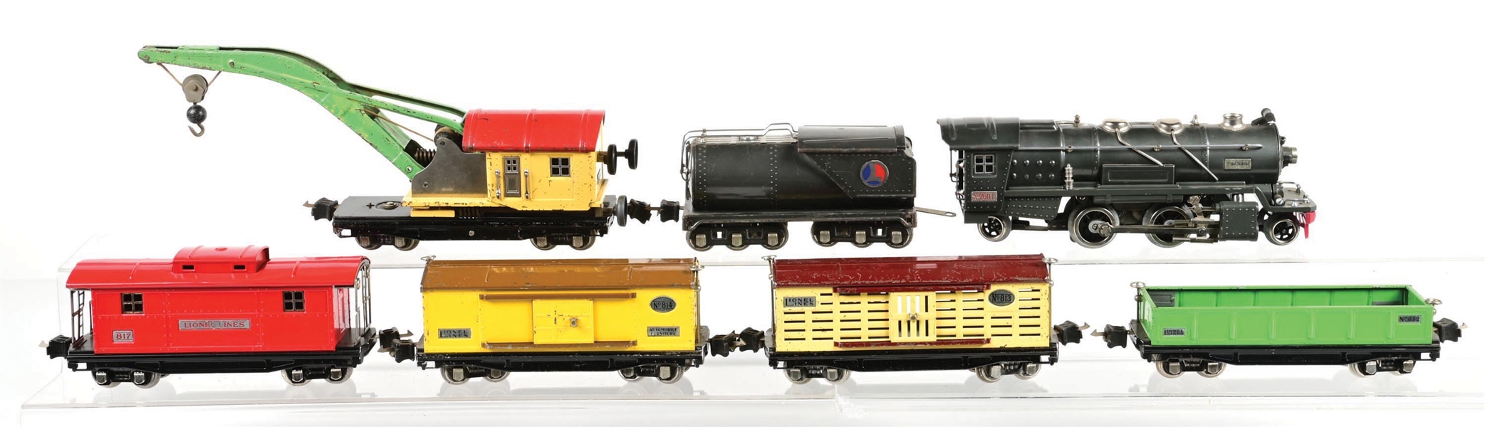 LOT OF 7: PRE-WAR LIONEL O-GA. NO. 260E STEAM LOCOMOTIVE & TENDER W/ 5 ASSORTED FREIGHT CARS