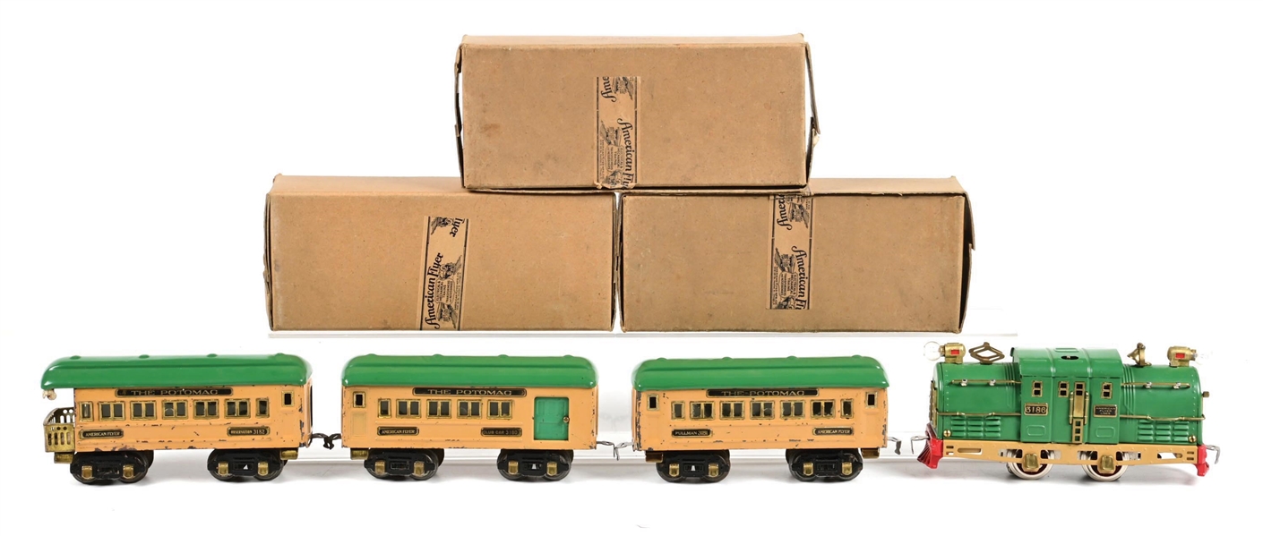 PRE-WAR AMERICAN FLYER O-GA. NO. 3186 ELECTRIC LOCOMOTIVE 3-CAR POTOMAC PASSENGER SET W/ ORIGINAL BOXES & TRACK