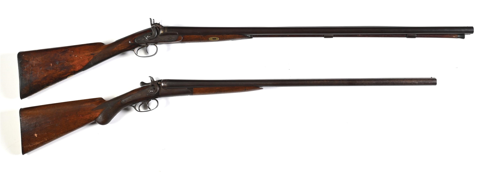 (A) LOT OF TWO ANTIQUE SHOTGUNS: A RICHARDS AND A MORTIMER 12 GAUGE SIDE BY SIDE.