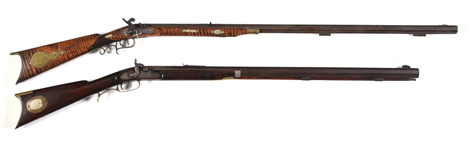 (A) LOT OF 2: CLARK AND BOWN HALF STOCK KENTUCKY PERCUSSION RIFLES.