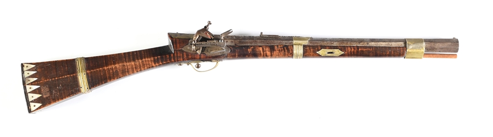 (A) OTTOMAN MIQUELET RIFLE WITH MOTHER OF PEARL AND BRASS DECORATIONS