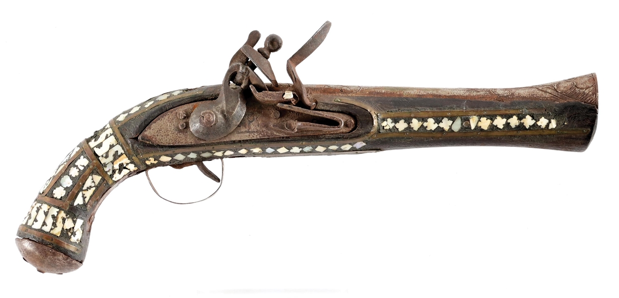 (A) MIDDLE EASTERN FLINTLOCK BLUNDERBUSS PISTOL WITH MOTHER OF PEARL INLAY