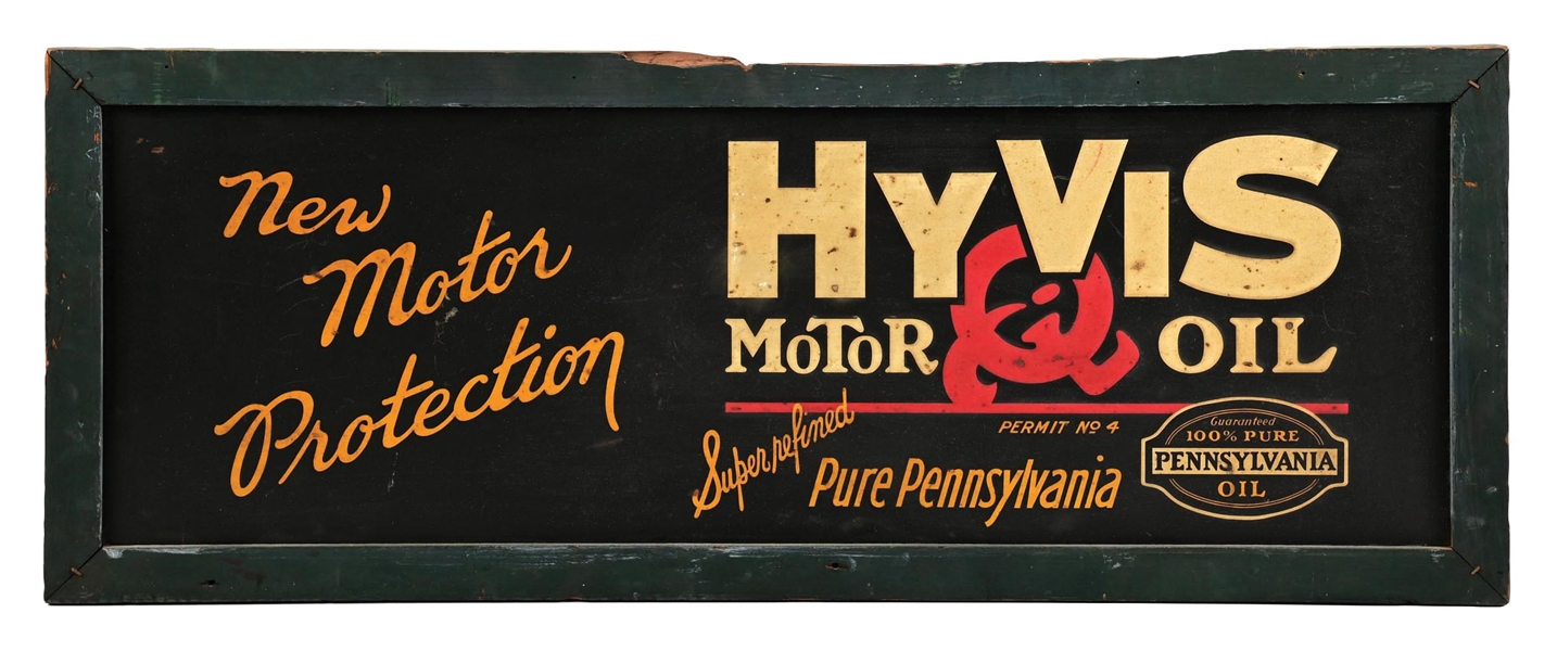 HYVIS MOTOR OIL EMBOSSED TIN SIGN WITH ORIGINAL WOOD FRAME