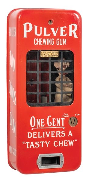 1¢ PULLVER TOO CHOOS RED PORCELAIN VENDING MACHINE WITH YELLOW KID FIGURE