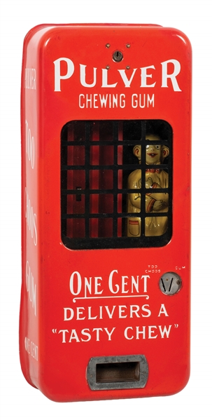 1¢ PULLVER TOO CHOOS PORCELAIN VENDING MACHINE WITH TIN YELLOW KID FIGURE