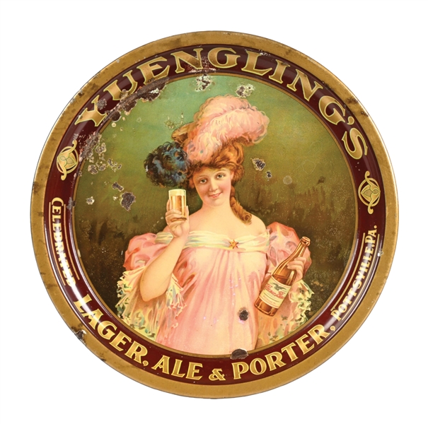 YUENGLINGS CELEBRATED LAGER, ALE, & PORTER PLUME HAT VICTORIAN WOMEN BEER TRAY 