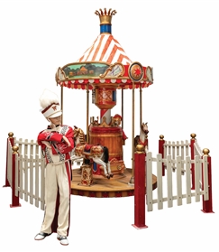 25¢ KIDDIE CAROUSEL RIDE WITH WHITE PICKET FENCE AND MANNEQUIN