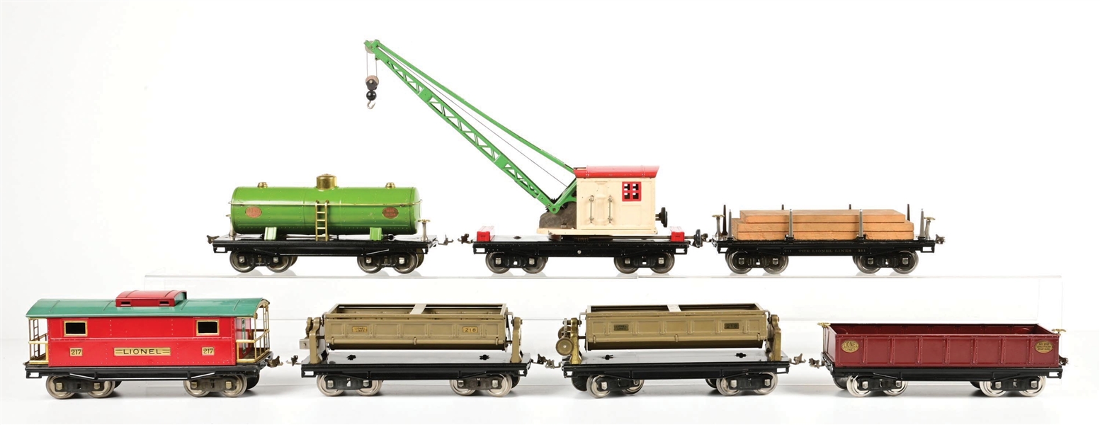 LOT OF 7: PRE-WAR LIONEL STANDARD GA. ASSORTED 200-SERIES FREIGHT CARS W/ ORIGINAL BOXES