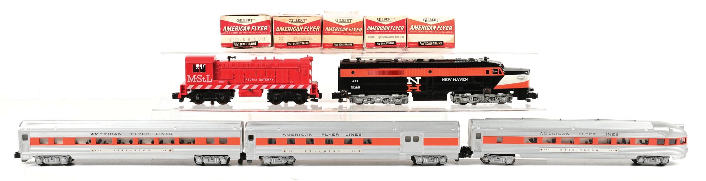LOT OF 2: AMERICAN FLYER S-GA. NO. 497 NEW HAVEN DIESEL PASSENGER SET & NO. 21813 MINNEAPOLIS & ST. LOUIS BALDWIN SWITCHER W/ ORIGINAL BOXES