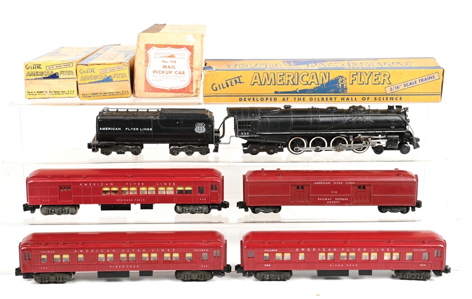 AMERICAN FLYER S-GA. NO. 336 STEAM LOCOMOTIVE 4-CAR PASSENGER SET W/ ORIGINAL BOXES