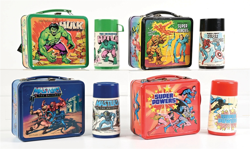 LOT OF 5: MARVEL COMICS SUPER HEROS, HULK, MASTER OF THE UNIVERSE, SUPERPOWERS LUNCHBOXES & SEPARATE HULK THERMOS 