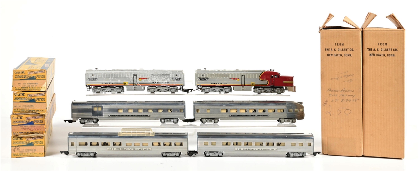 AMERICAN FLYER S-GA. SANTA FE DIESEL LOCOMOTIVE 4-CAR PASSENGER SET W/ ORIGINAL BOXES