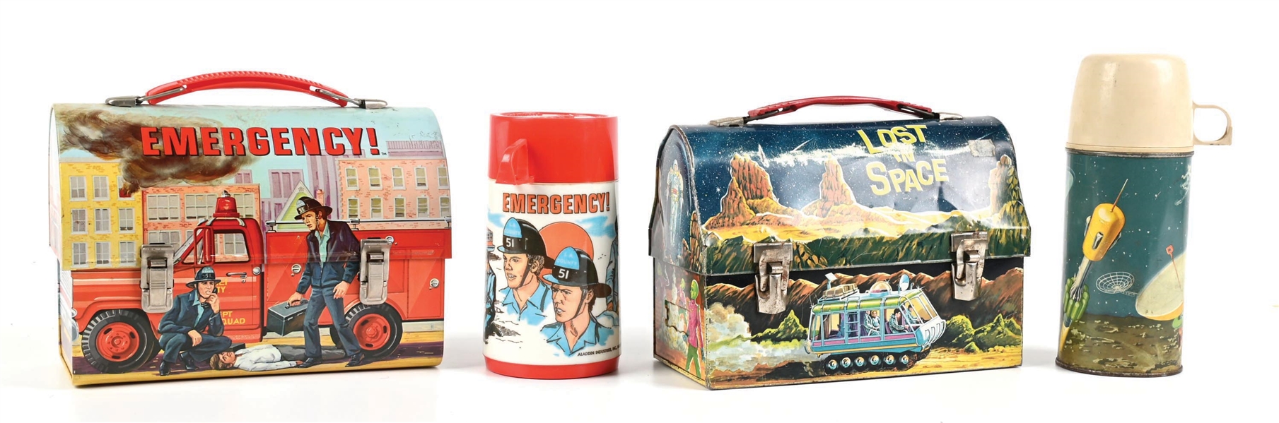 LOT OF 2: LOST IN SPACE: 1999 & EMERGENCY DOME TOP LUNCH BOXES WITH MATCHING THERMOSES
