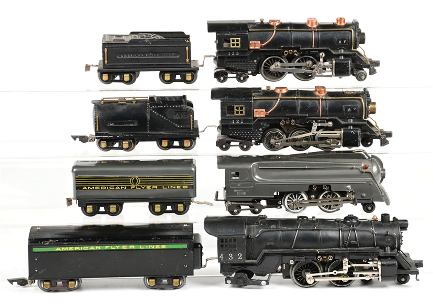 LOT OF 4: PRE-WAR AMERICAN FLYER O-GA. NO. 417, 423, 425, & 432 STEAM LOCOMOTIVES W/ TENDERS