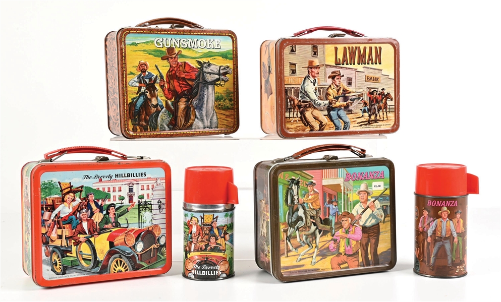 LOT OF 4: BEVERLY HILLBILLIES, LAWMAN, BONANZA, & GUNSMOKE LUNCH BOXES