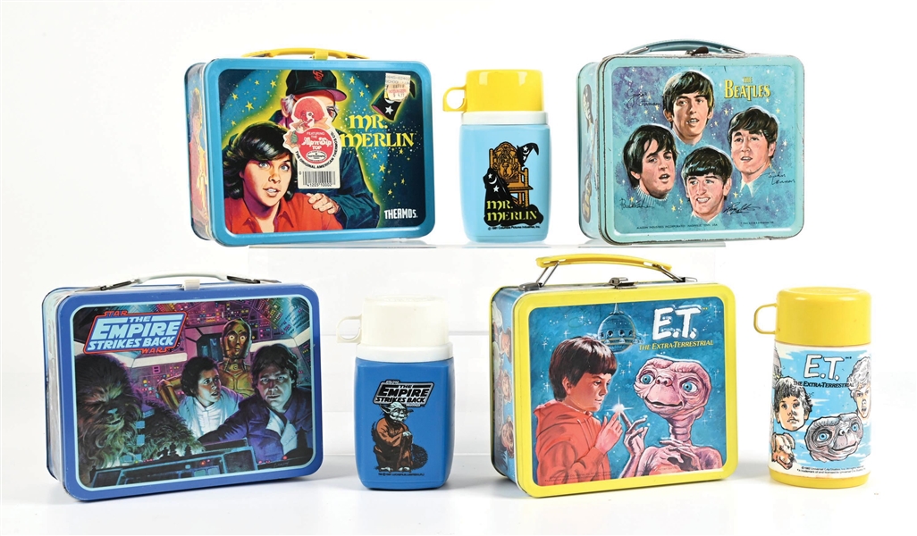 LOT OF 4: E.T., THE BEATLES, STAR WARS: THE EMPIRE STRIKES BACK, MR. MERLIN LUNCHBOXES