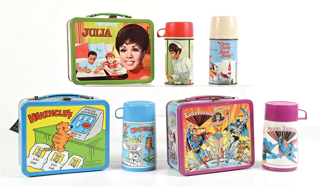 LOT OF 4: SUPER FRIENDS SUPER HEROS, CHEF JULIA & HEATHCLIFF LUNCHBOXES & CHITTY CHITTY BANG BANG THERMOS