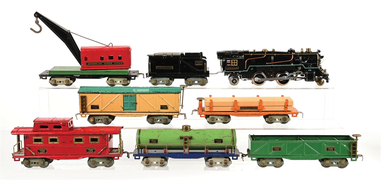 PRE-WAR AMERICAN FLYER O-GA. NO. 3300 STEAM LOCOMOTIVE & TENDER W/ 6 ASSORTED FREIGHT CARS