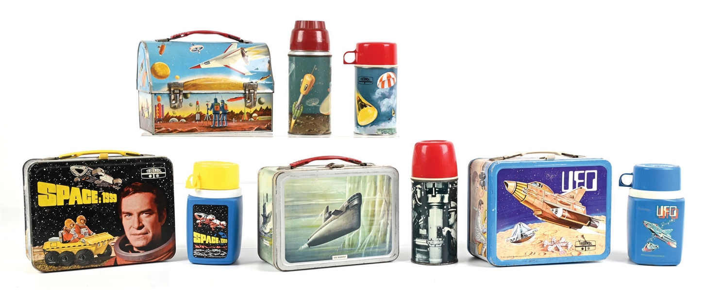 LOT OF 5: SPACE: 1999, UFO, ATOMIC SUBMARINE, DOME-TOP SPACE LUNCHBOXES & SEPARATE SPACE THERMOS 
