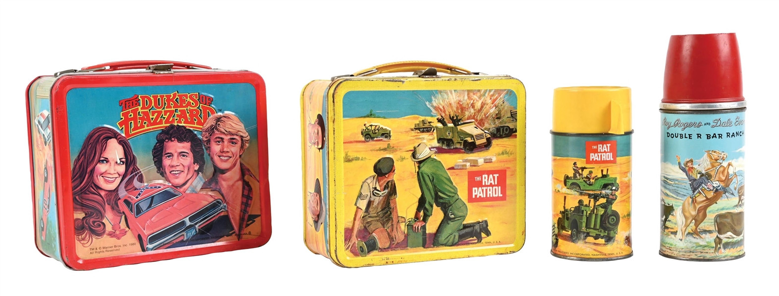 LOT OF 3: THE RAT PATROL, DUKES OF HAZZARD LUNCHBOXES AND ROY RODGERS THERMOS
