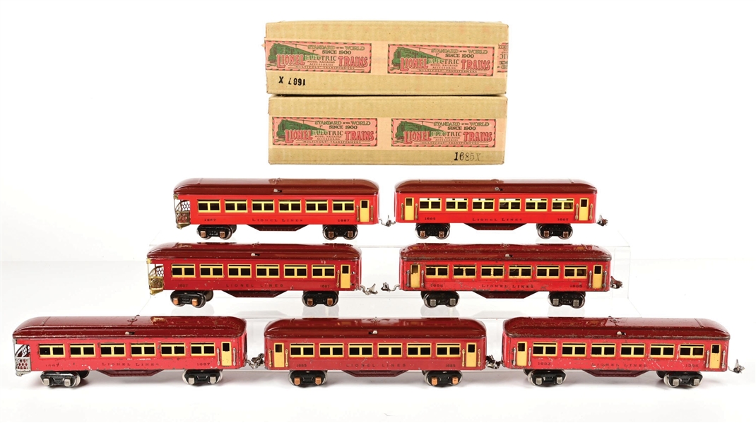 LOT OF 7: PRE-WAR LIONEL O-GA. NO. 1685 & 1687 TWO-TONE RED PASSENGER CARS W/ 2 ORIGINAL BOXES