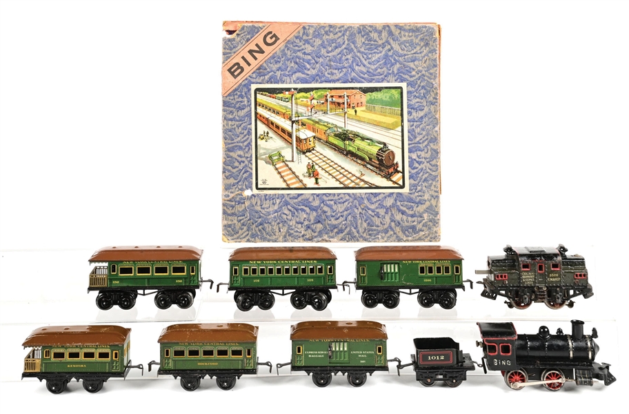 PRE-WAR BING O-GA. ELECTRIC-STYLE PASSENGER SET & STEAM LOCOMOTIVE PASSENGER SET W/ 1 ORIGINAL BOX