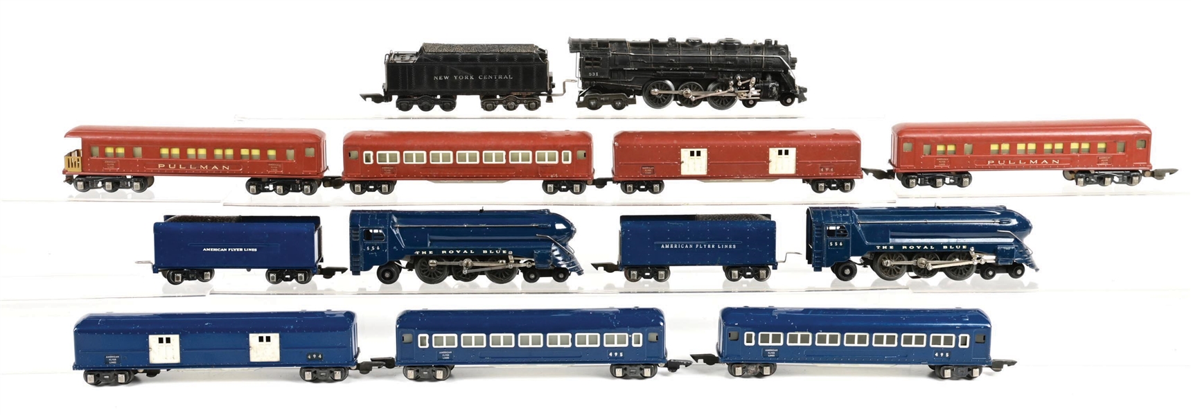 LOT OF 3: PRE-WAR AMERICAN FLYER O-GA. NO. 531 STEAM LOCOMOTIVE 4-CAR PASSENGER SET, NO. 556 ROYAL BLUE STEAM PASSENGER SET, & EXTRA LOCOMOTIVE