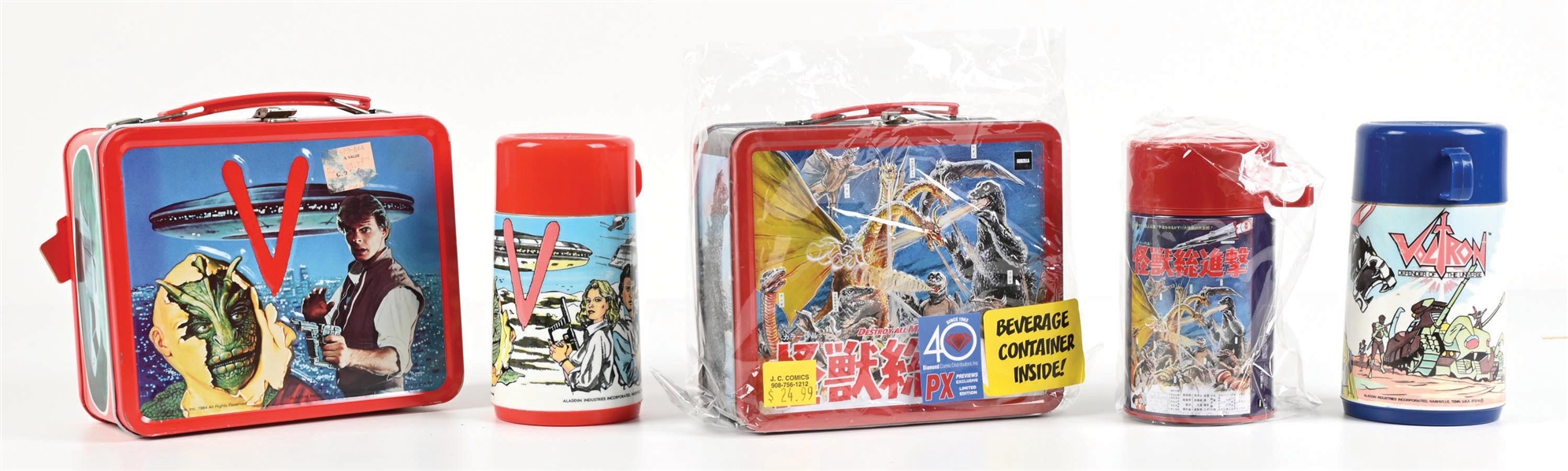 LOT OF 3: SCIENCE-FICTION TELEVISION FRANCHISE "V" & GODZILLA "DESTROY ALL MONSTERS" LUNCHBOXES & THERMOSES AND SEPARATE VOLTRON THERMOS 