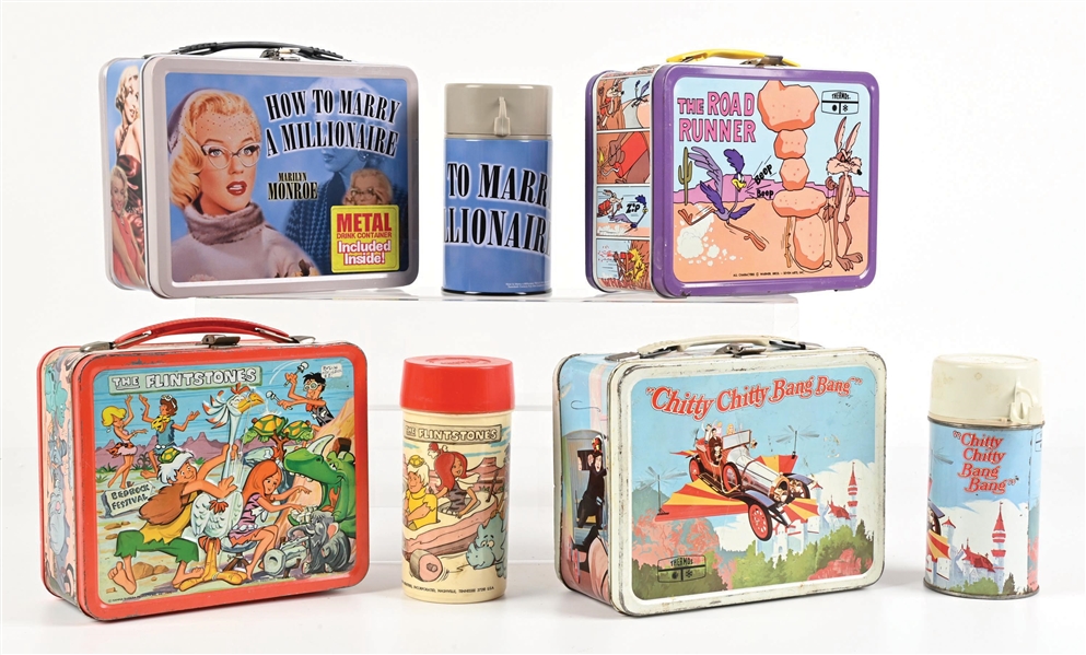 LOT OF 4: ROAD RUNNER, MARYLIN MONROE, FLINTSTONES & CHITTY CHITTY BANG BANG LUNCHBOXES 