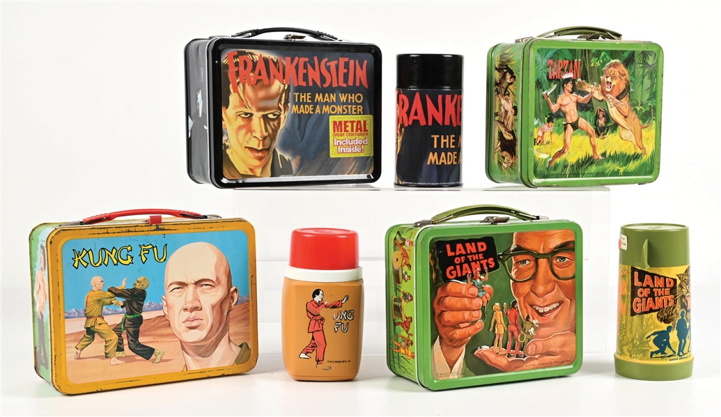 LOT OF 4: FRANKENSTEIN, TARZAN, LAND OF THE GIANTS & KUNG-FU LUNCH BOXES