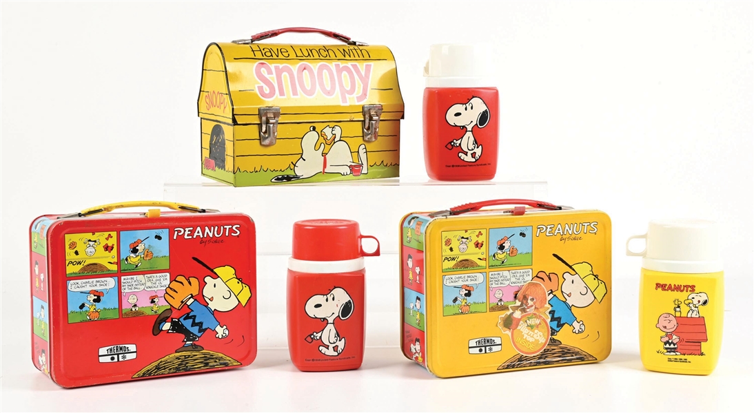 LOT OF 3: DOME-TOP "GO TO SCHOOL WITH SNOOPY," YELLOW PEANTS & RED PEANTS LUNCHBOXES WITH MATHING THERMOSES