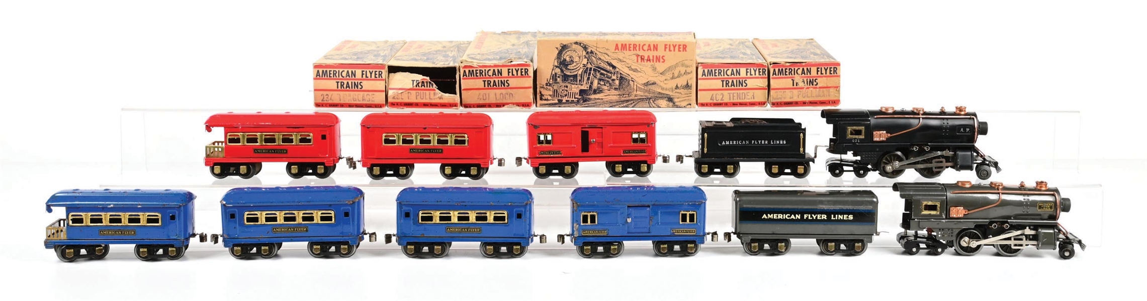 LOT OF 2: PRE-WAR AMERICAN FLYER O-GA. STEAM PASSENGER SETS W/ SOME ORIGINAL BOXES