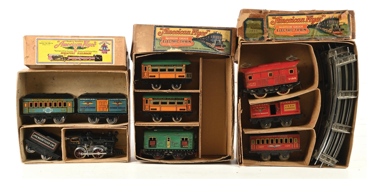 LOT OF 3: PRE-WAR AMERICAN O-GA. TIN LITHO PASSENGER SETS WITH ORIGINAL BOXES