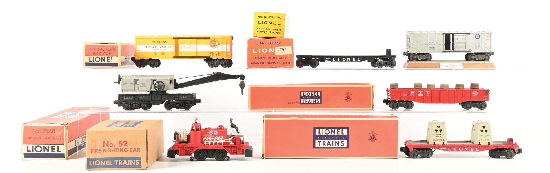 LOT OF 6: ASSORTED LIONEL POSTWAR O. GAUGE FREIGHT CARS AND A NO. 52 FIREFIGHTING CAR WITH ORIGINAL BOXES