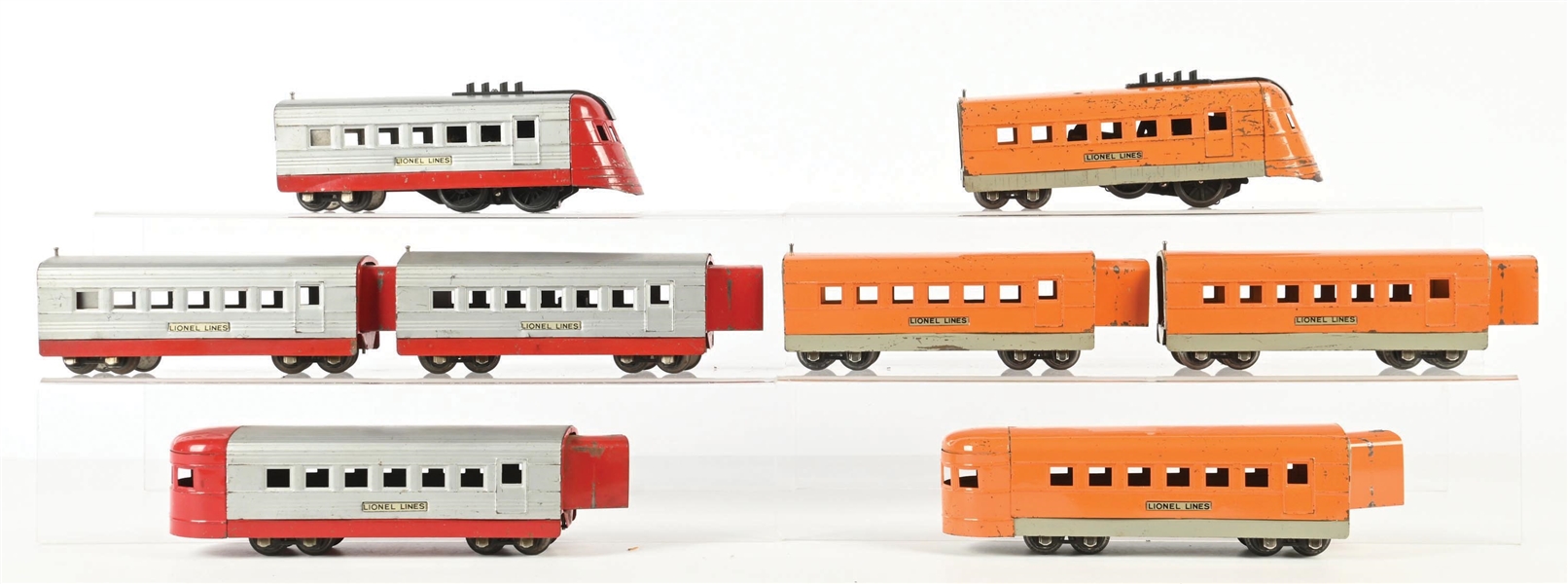 LOT OF 2: LIONEL JR. RED & ORANGE 4-UNIT STREAMLINE TRAIN SETS
