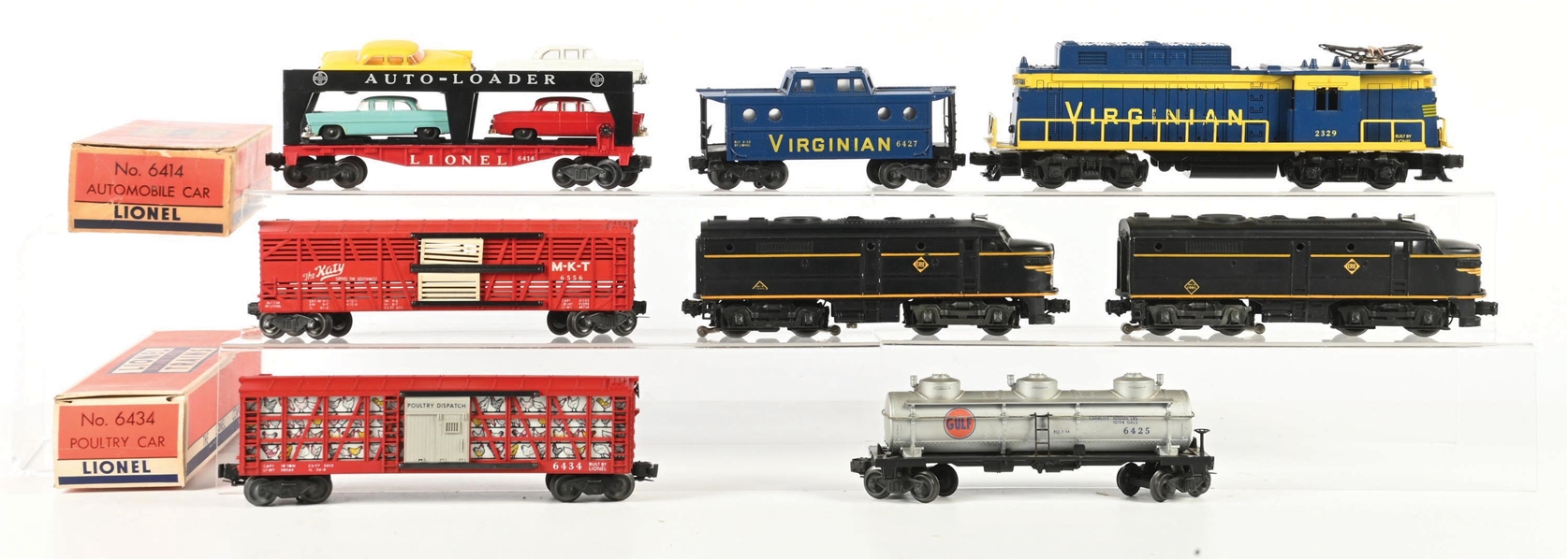 LOT OF 8: NO. 2329 VIRGINIAN AND NO. 2032 ERIE DIESEL LOCOMOTIVES WITH FREIGHT CARS